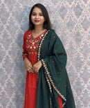 Rust Orange and Green Color Premium Mul Chanderi Silk Embroidery 3 Piece Salwar Set with Lining /  ESS367
