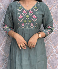 Gray and Pink Color Premium Mul Chanderi Silk Embroidery 3 Piece Salwar Set with Lining /  ESS367