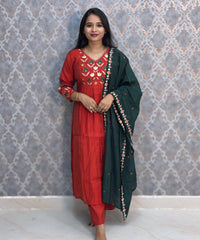 Rust Orange and Green Color Premium Mul Chanderi Silk Embroidery 3 Piece Salwar Set with Lining /  ESS367