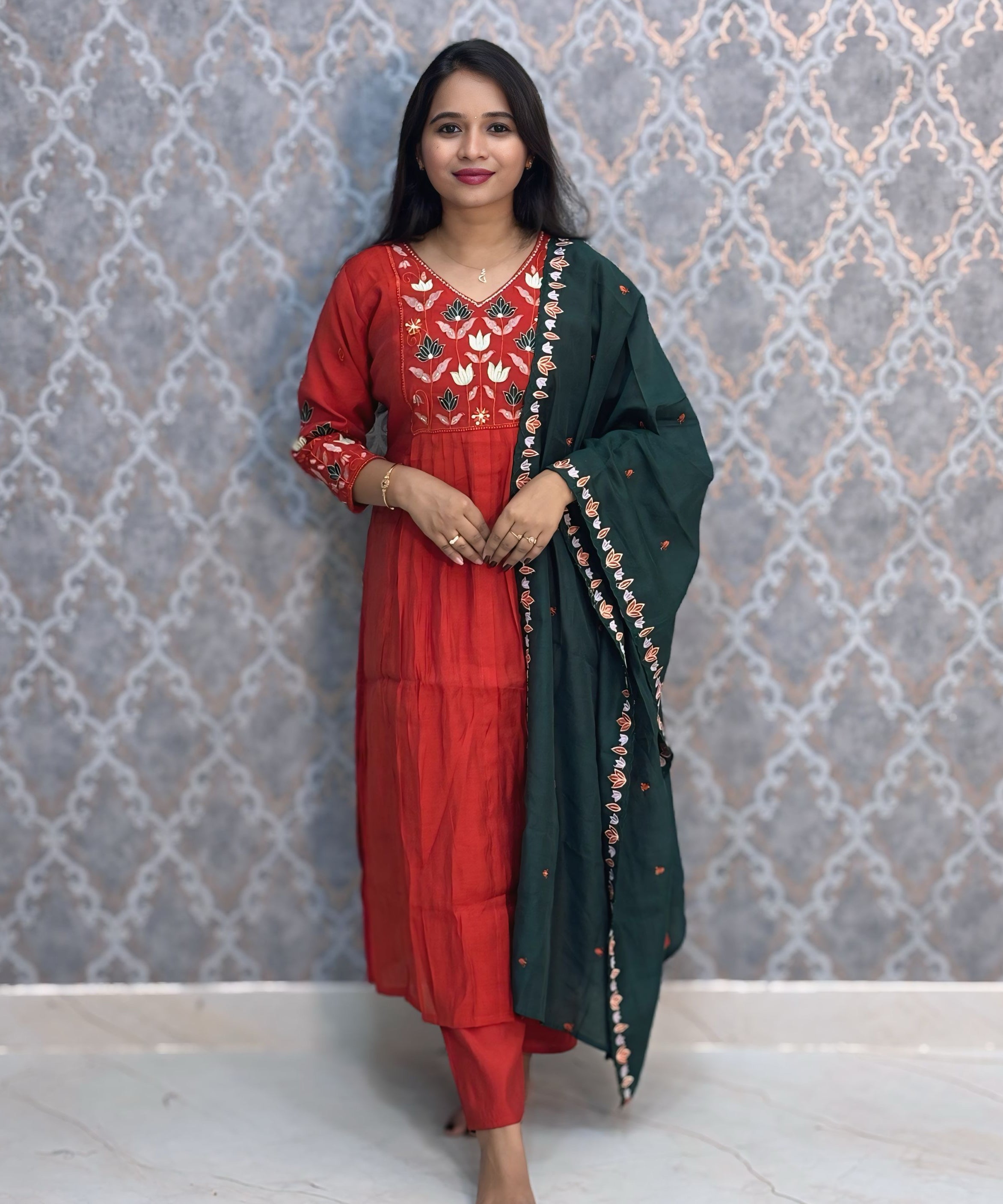 Rust Orange and Green Color Premium Mul Chanderi Silk Embroidery 3 Piece Salwar Set with Lining /  ESS367