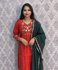 Rust Orange and Green Color Premium Mul Chanderi Silk Embroidery 3 Piece Salwar Set with Lining /  ESS367