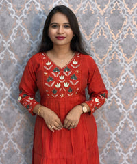 Rust Orange and Green Color Premium Mul Chanderi Silk Embroidery 3 Piece Salwar Set with Lining /  ESS367