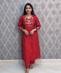 Rust Orange and Green Color Premium Mul Chanderi Silk Embroidery 3 Piece Salwar Set with Lining /  ESS367