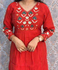 Rust Orange and Green Color Premium Mul Chanderi Silk Embroidery 3 Piece Salwar Set with Lining /  ESS367