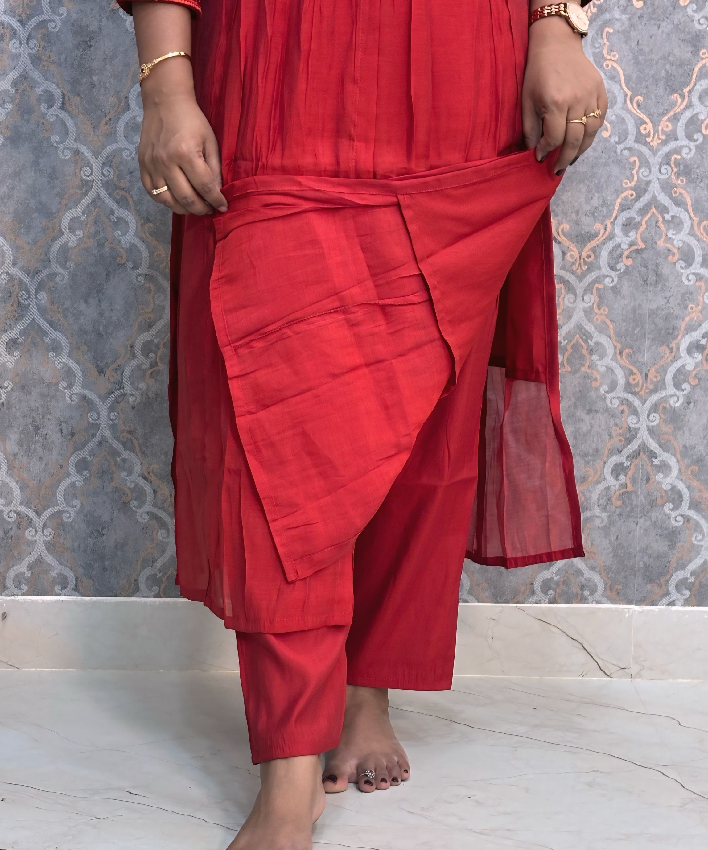 Rust Orange and Green Color Premium Mul Chanderi Silk Embroidery 3 Piece Salwar Set with Lining /  ESS367