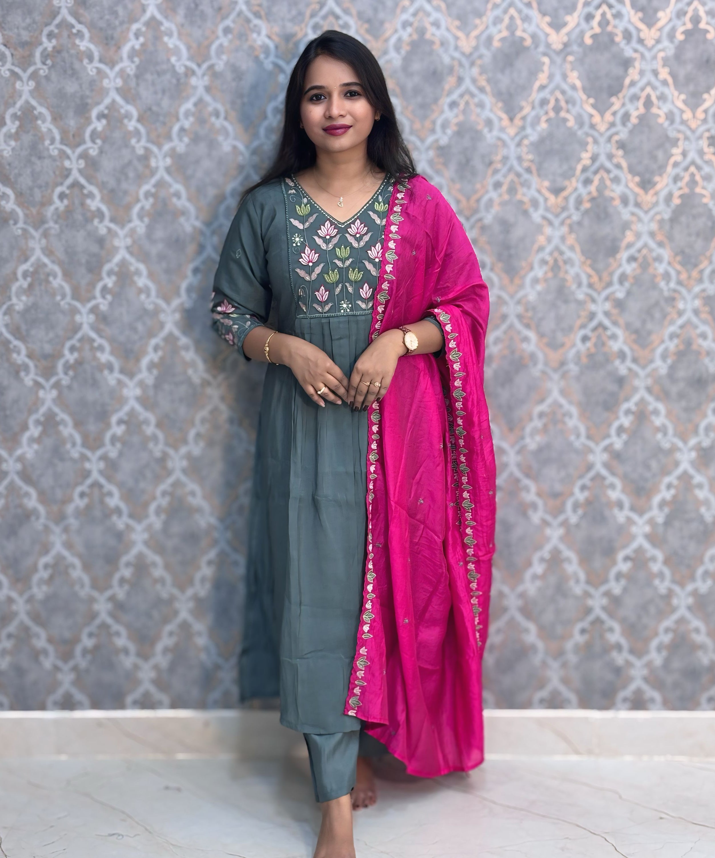 Gray and Pink Color Premium Mul Chanderi Silk Embroidery 3 Piece Salwar Set with Lining /  ESS367