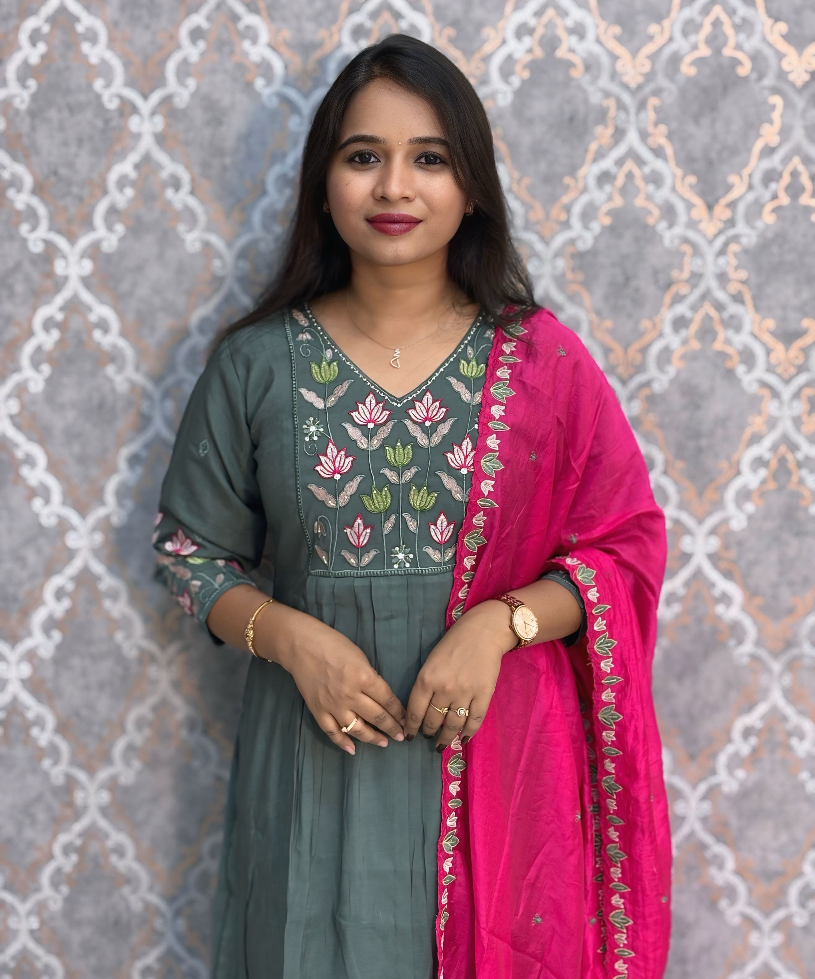 Gray and Pink Color Premium Mul Chanderi Silk Embroidery 3 Piece Salwar Set with Lining /  ESS367