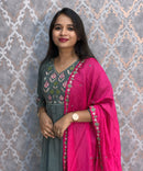 Gray and Pink Color Premium Mul Chanderi Silk Embroidery 3 Piece Salwar Set with Lining /  ESS367