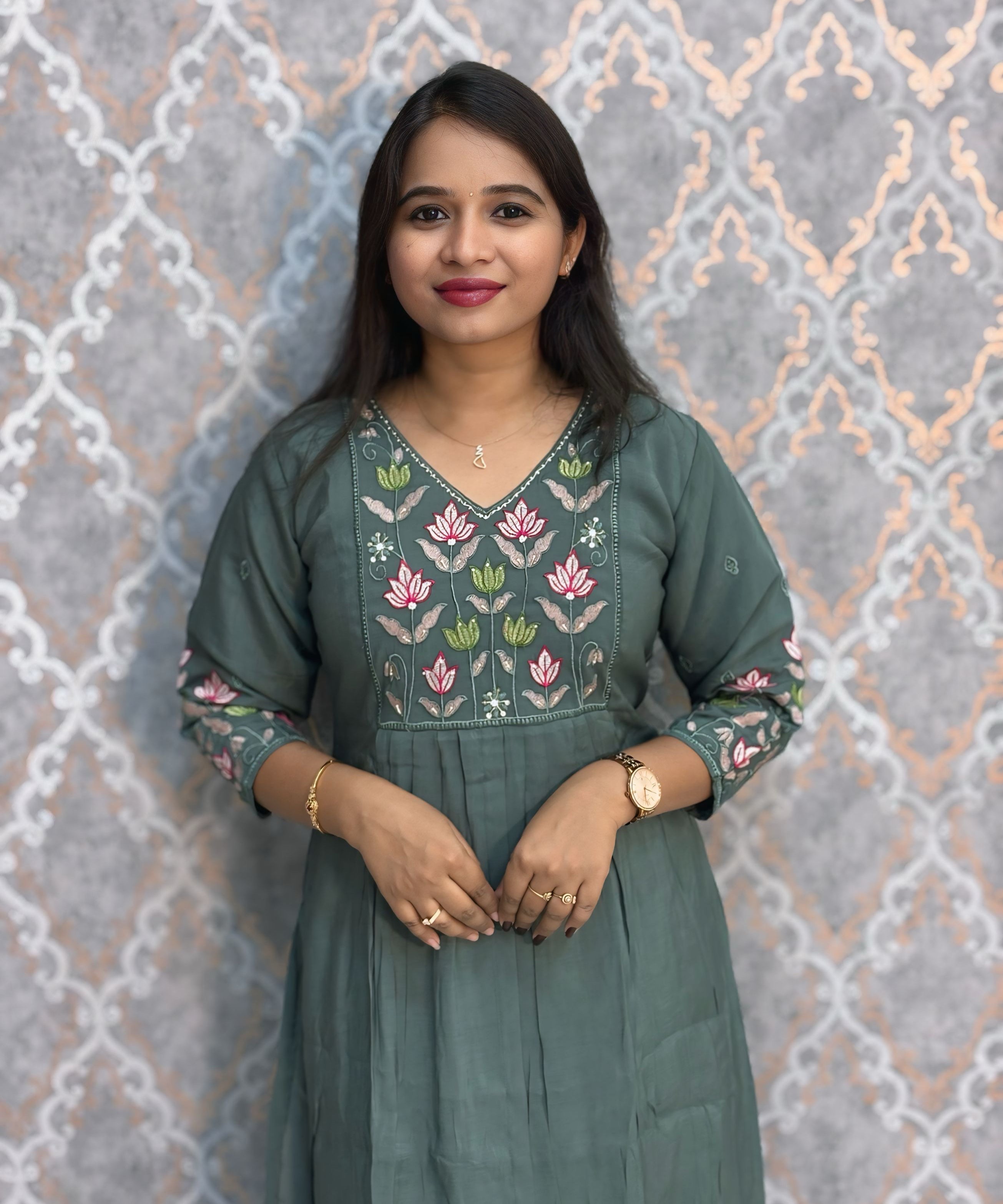 Gray and Pink Color Premium Mul Chanderi Silk Embroidery 3 Piece Salwar Set with Lining /  ESS367