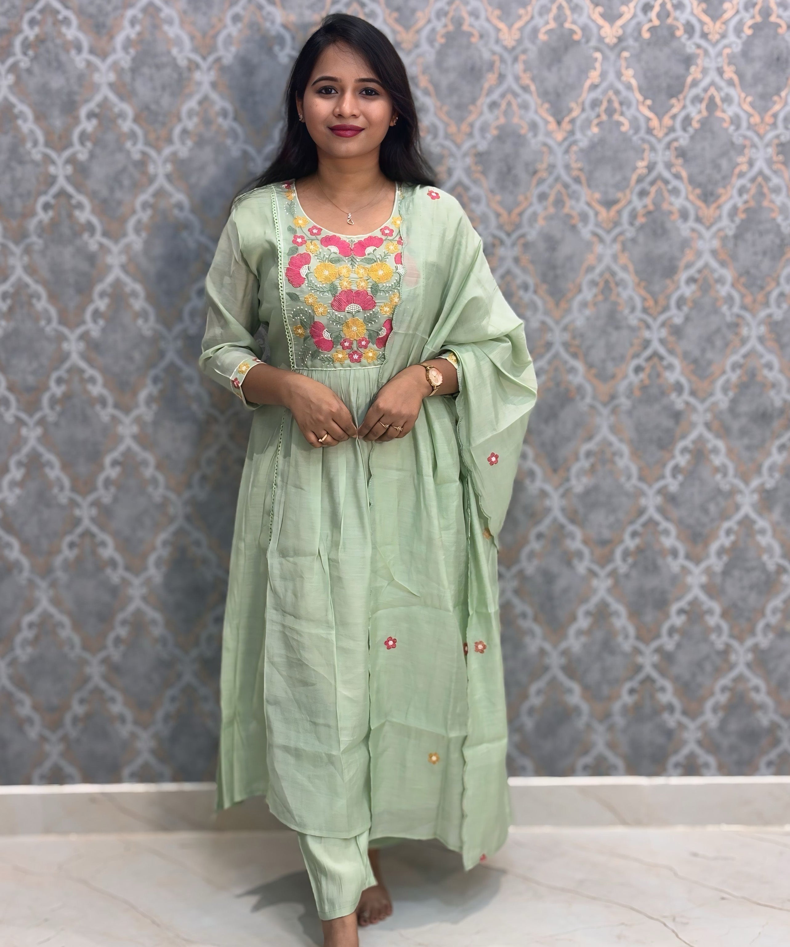 Pista Green Color Premium Mul Chanderi Silk Embroidery 3 Piece Salwar Set with Lining /  ESS386