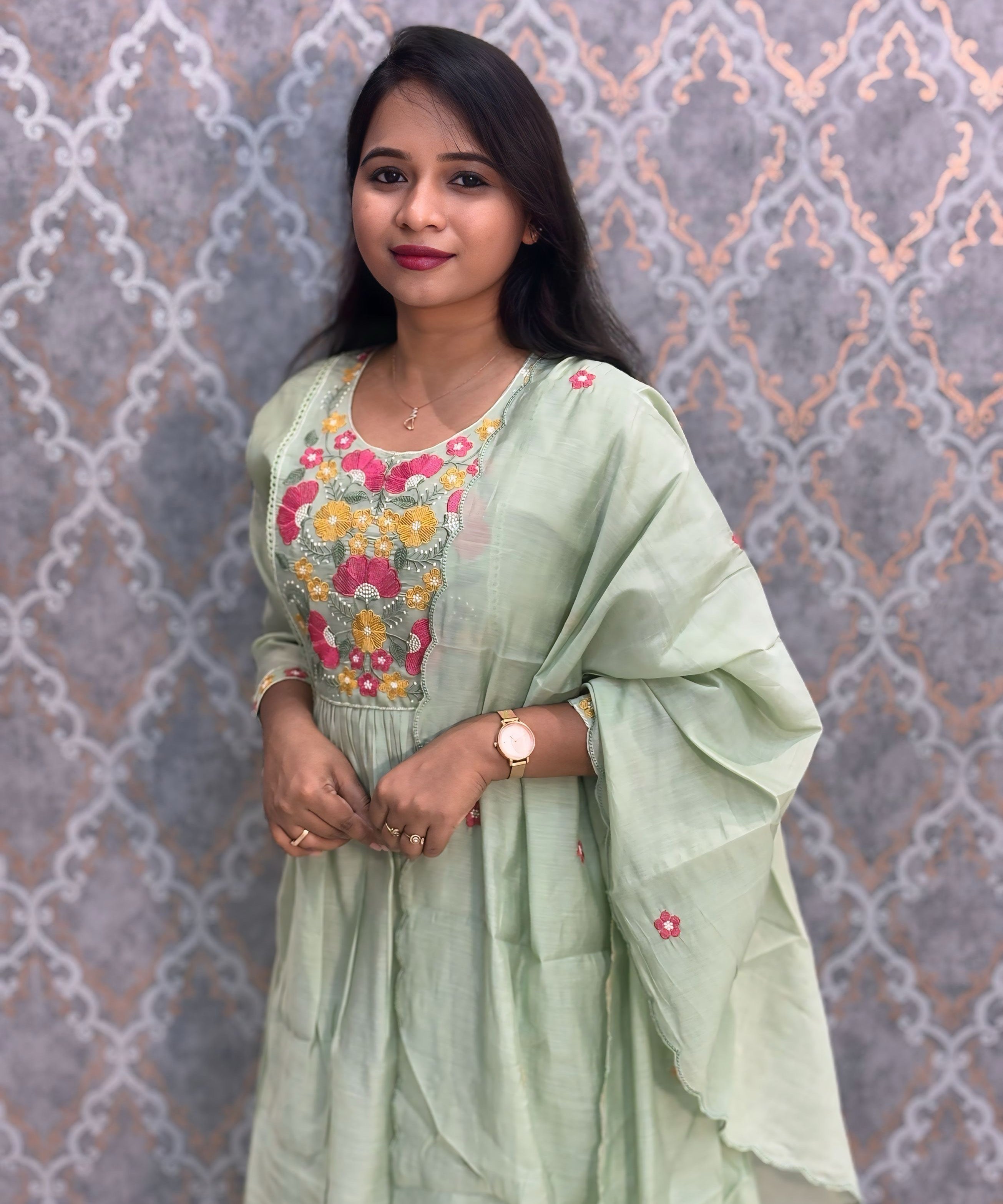 Pista Green Color Premium Mul Chanderi Silk Embroidery 3 Piece Salwar Set with Lining /  ESS386