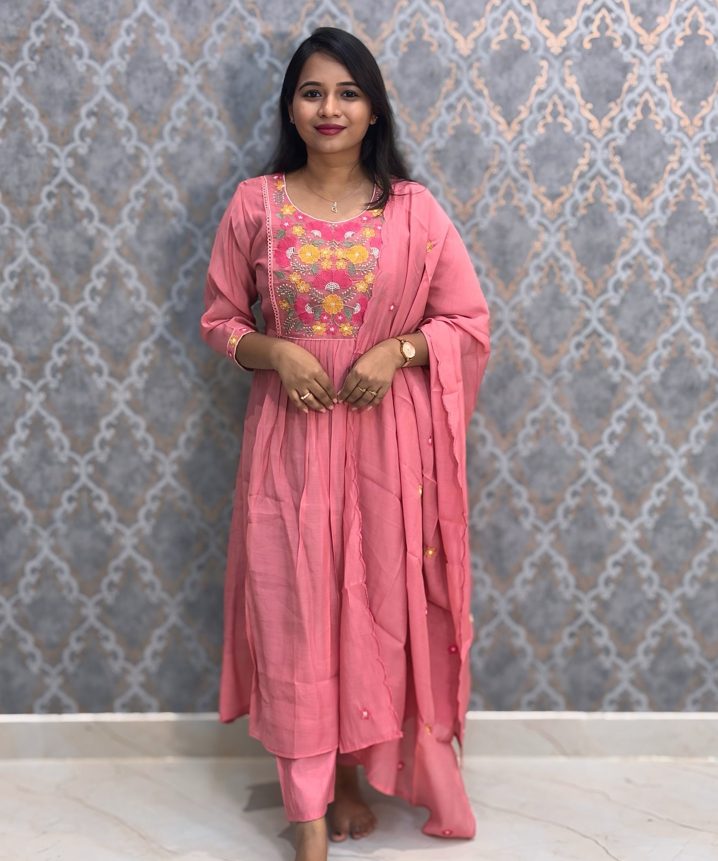 Pink Color Premium Mul Chanderi Silk Embroidery 3 Piece Salwar Set with Lining /  ESS386