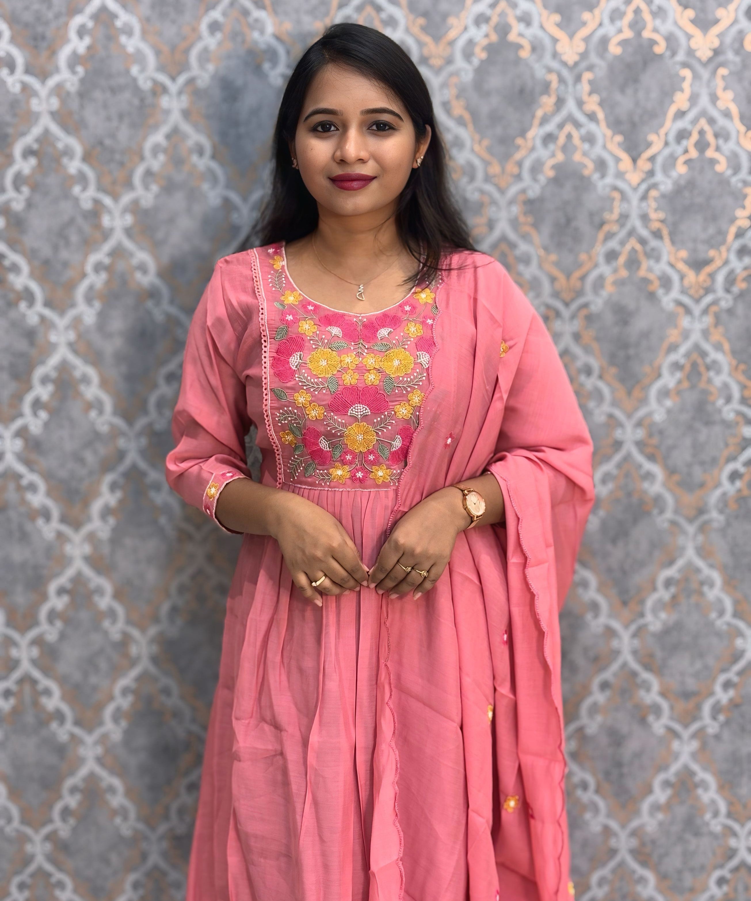 Pink Color Premium Mul Chanderi Silk Embroidery 3 Piece Salwar Set with Lining /  ESS386