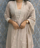 Beige Color Premium Mul Chanderi Silk Embroidery 3 Piece Salwar Set with Lining /  ESS388