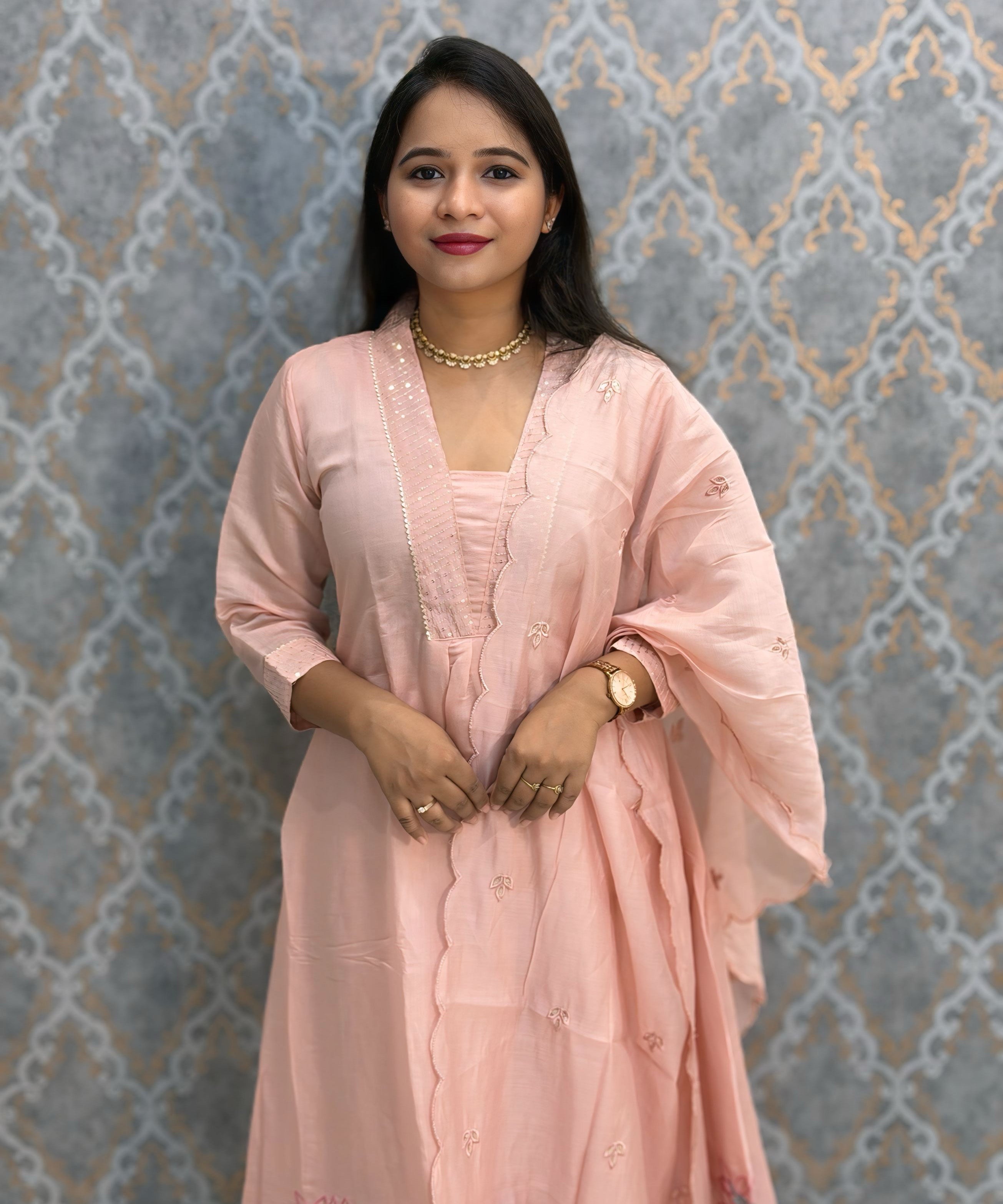 Light Pink Color Premium Mul Chanderi Silk Embroidery 3 Piece Salwar Set with Lining /  ESS388