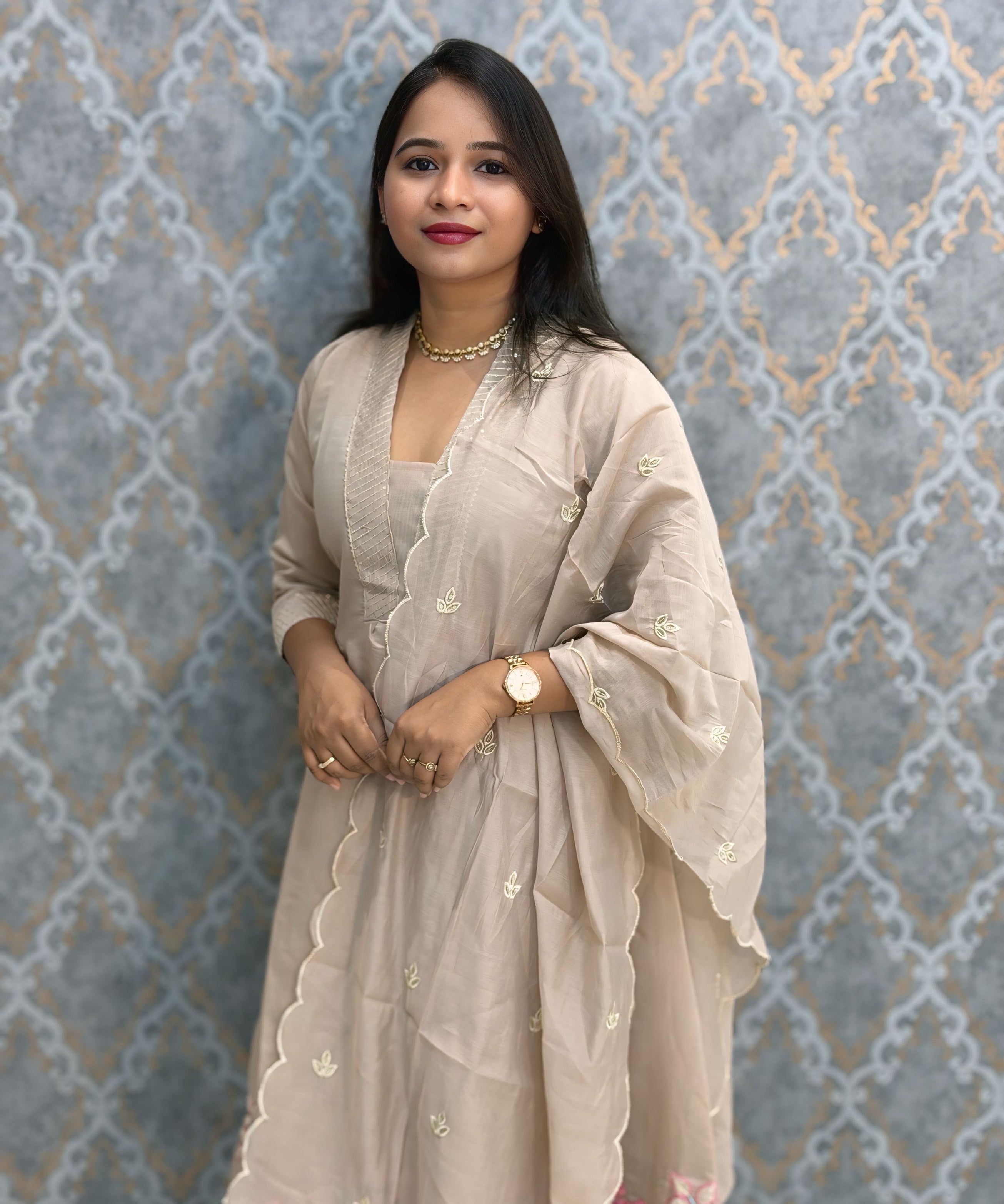 Beige Color Premium Mul Chanderi Silk Embroidery 3 Piece Salwar Set with Lining /  ESS388