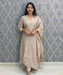 Beige Color Premium Mul Chanderi Silk Embroidery 3 Piece Salwar Set with Lining /  ESS388