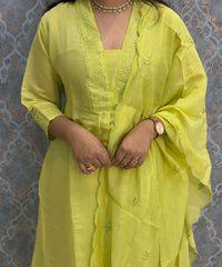 Lemon Yellow Color Premium Mul Chanderi Silk Embroidery 3 Piece Salwar Set with Lining /  ESS388
