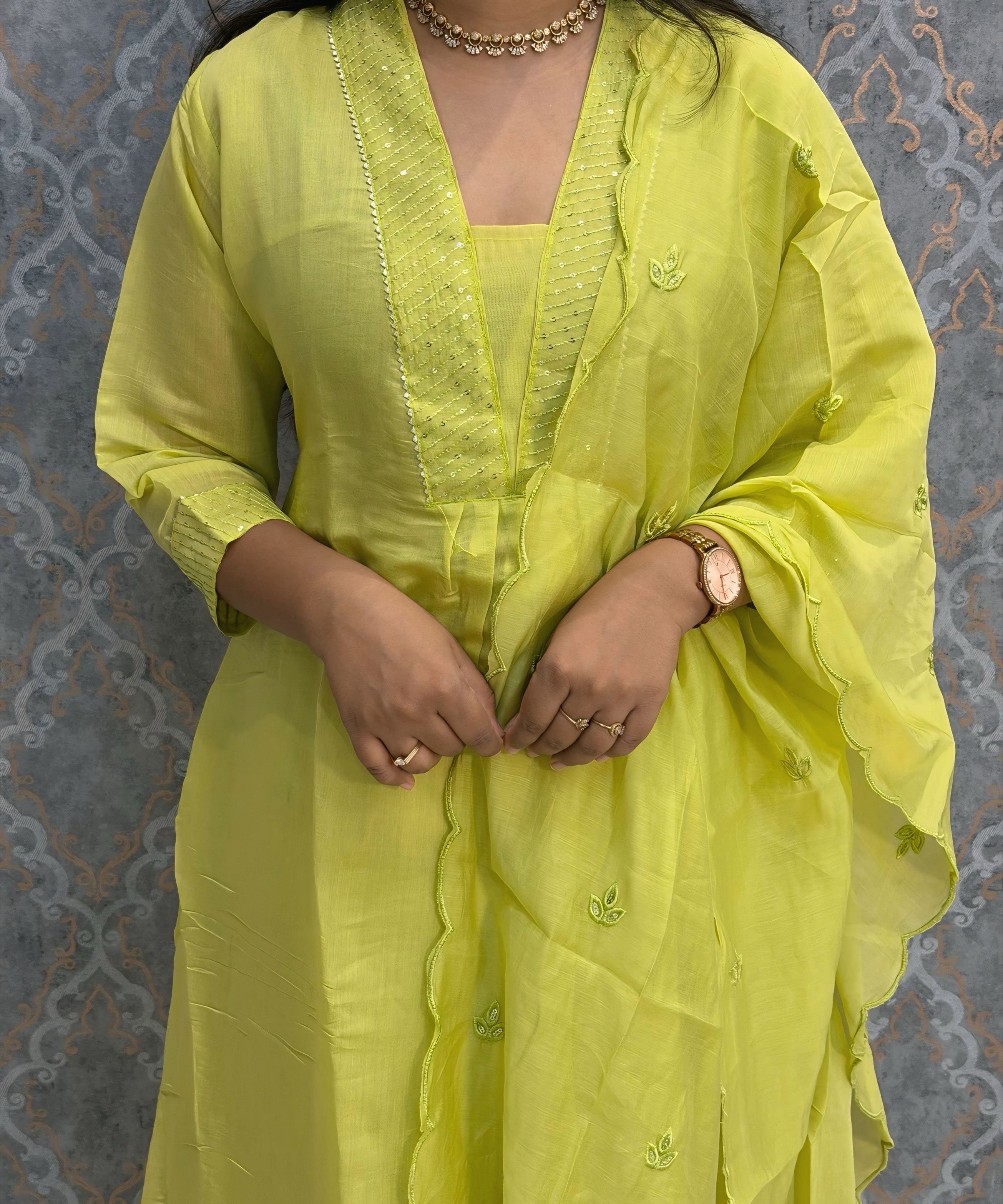 Lemon Yellow Color Premium Mul Chanderi Silk Embroidery 3 Piece Salwar Set with Lining /  ESS388