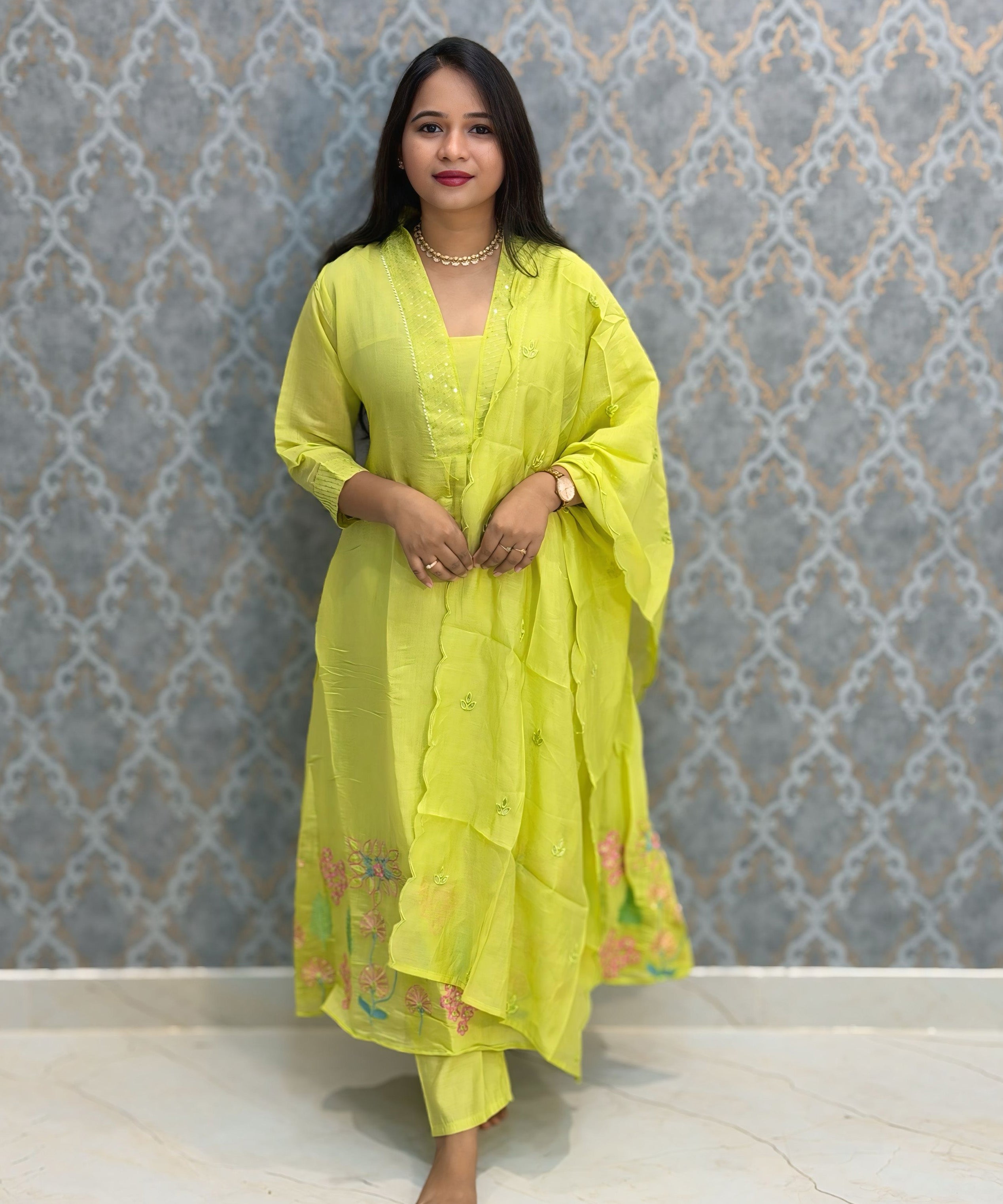 Lemon Yellow Color Premium Mul Chanderi Silk Embroidery 3 Piece Salwar Set with Lining /  ESS388
