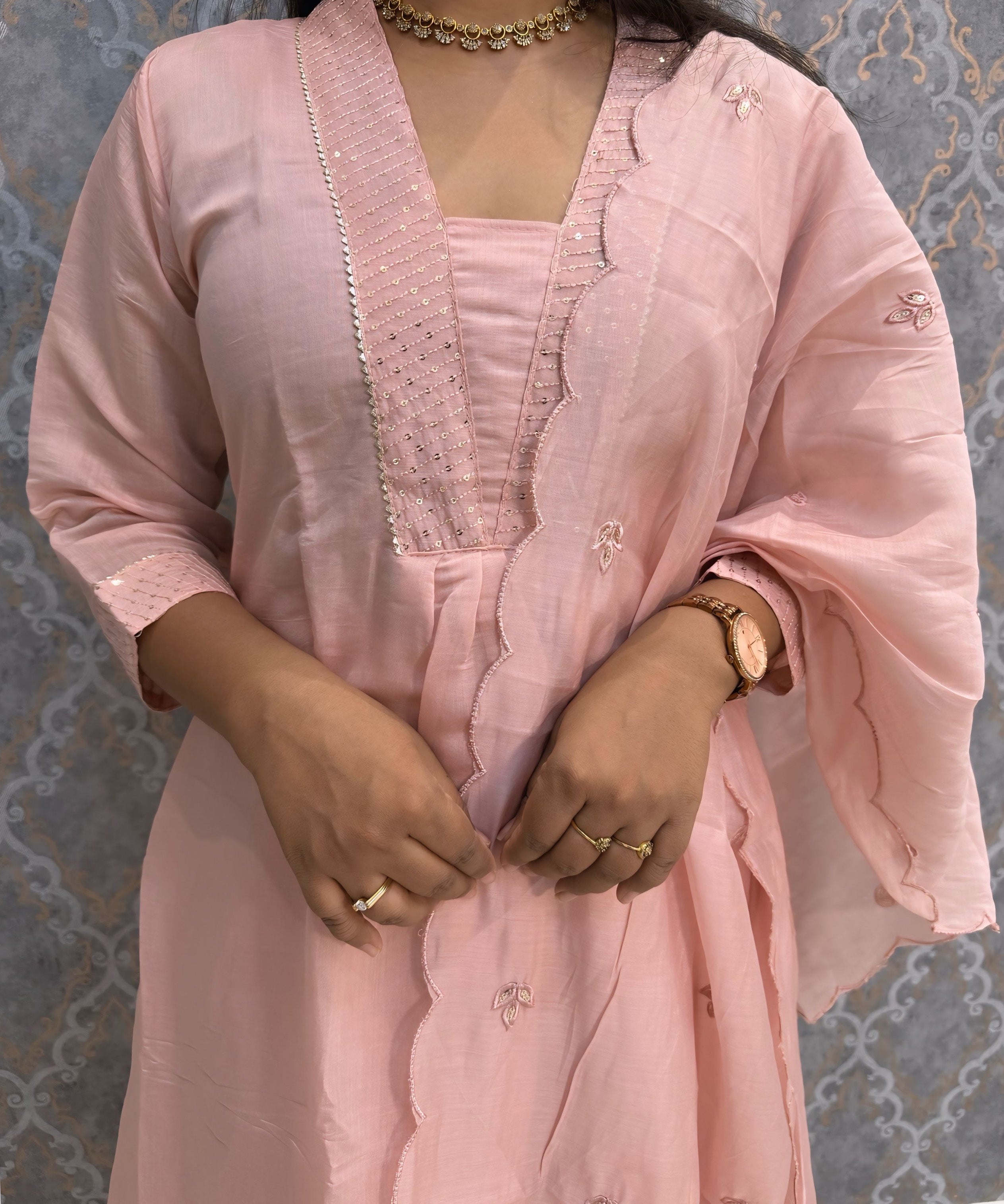 Light Pink Color Premium Mul Chanderi Silk Embroidery 3 Piece Salwar Set with Lining /  ESS388