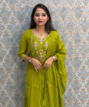 Green Color Premium Mul Chanderi Silk Embroidery 3 Piece Salwar Set with Lining /  ESS399