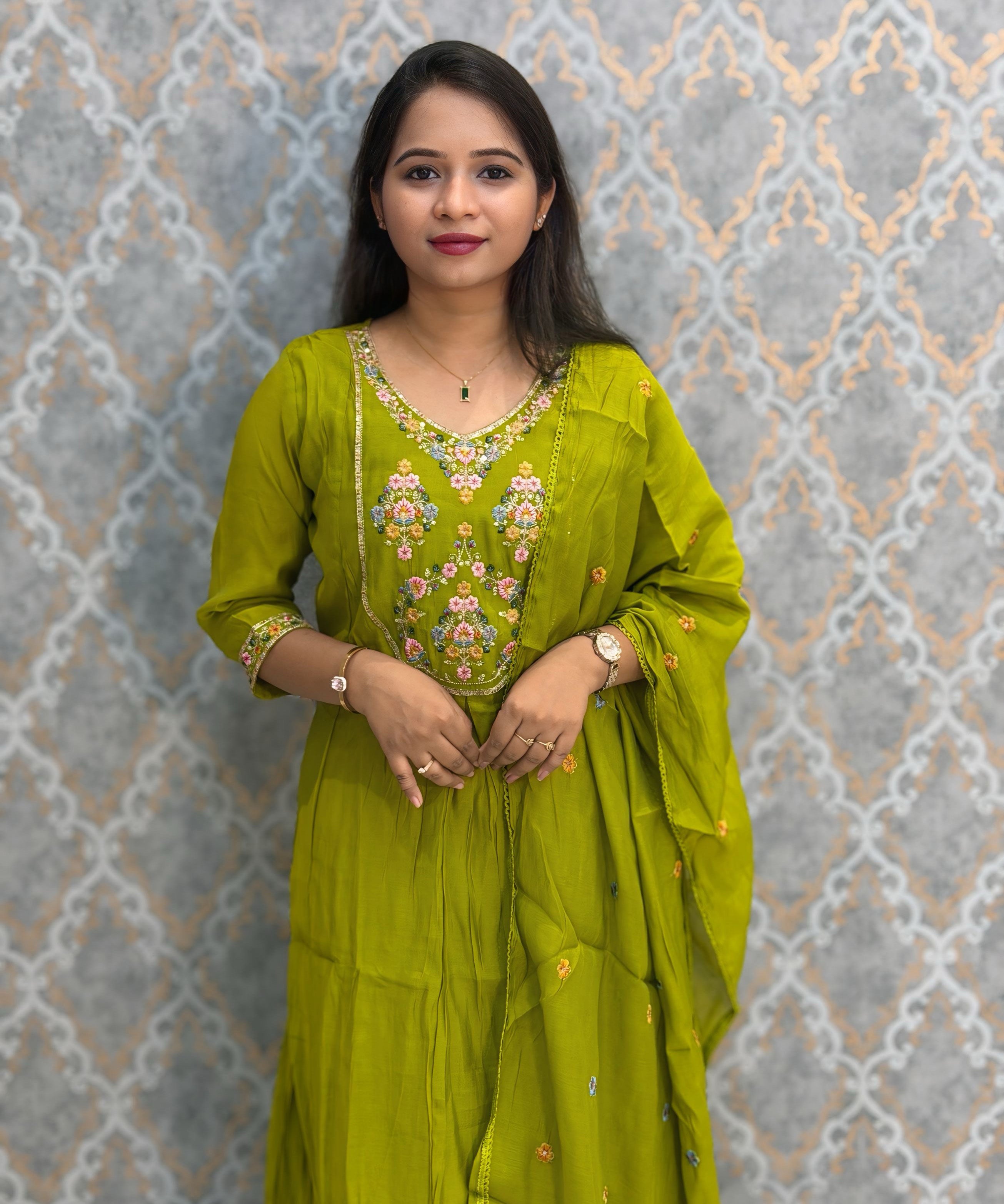 Green Color Premium Mul Chanderi Silk Embroidery 3 Piece Salwar Set with Lining /  ESS399