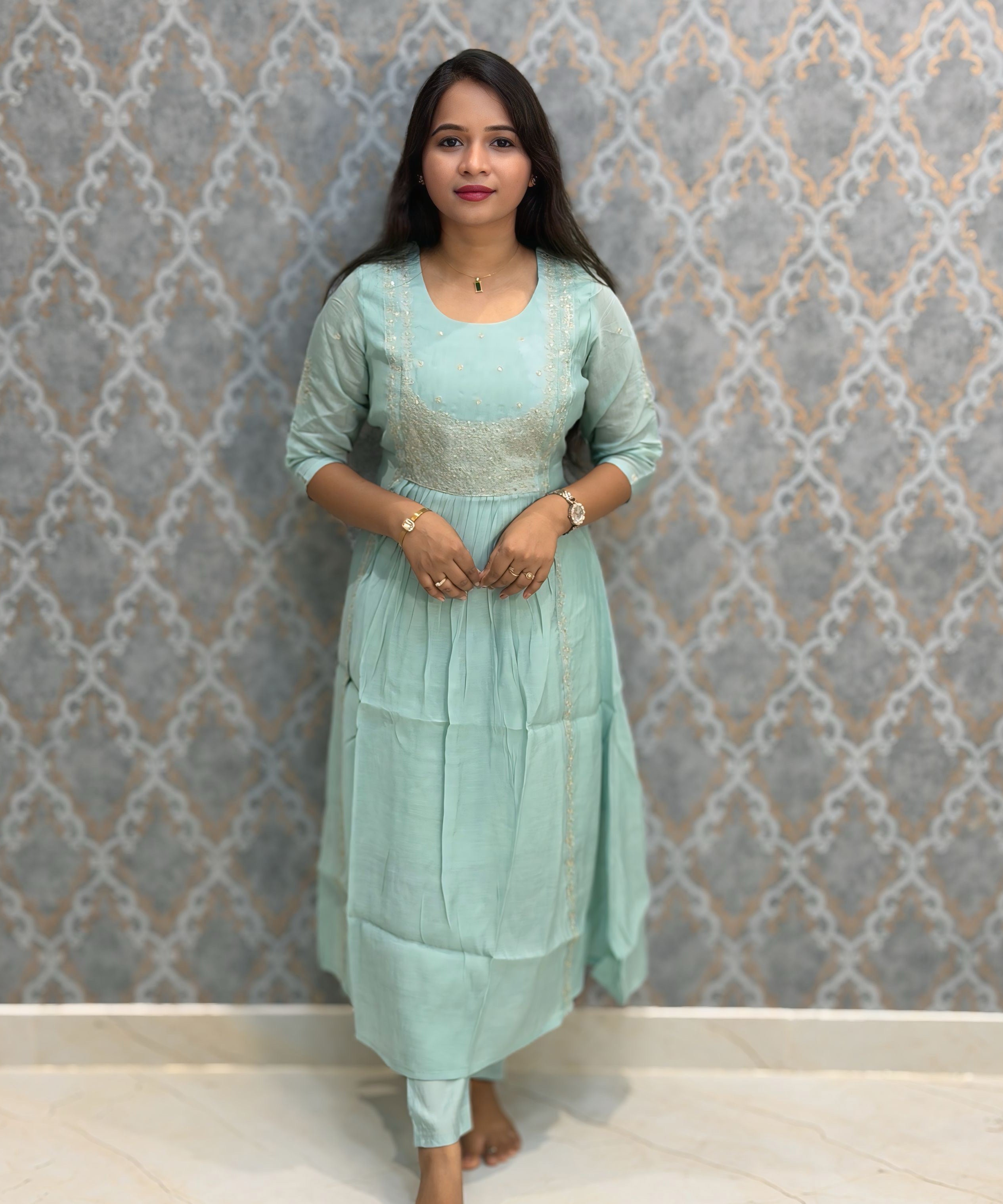 Light Blue Color Premium Mul Chanderi Silk Embroidery 3 Piece Salwar Set with Lining /  ESS399