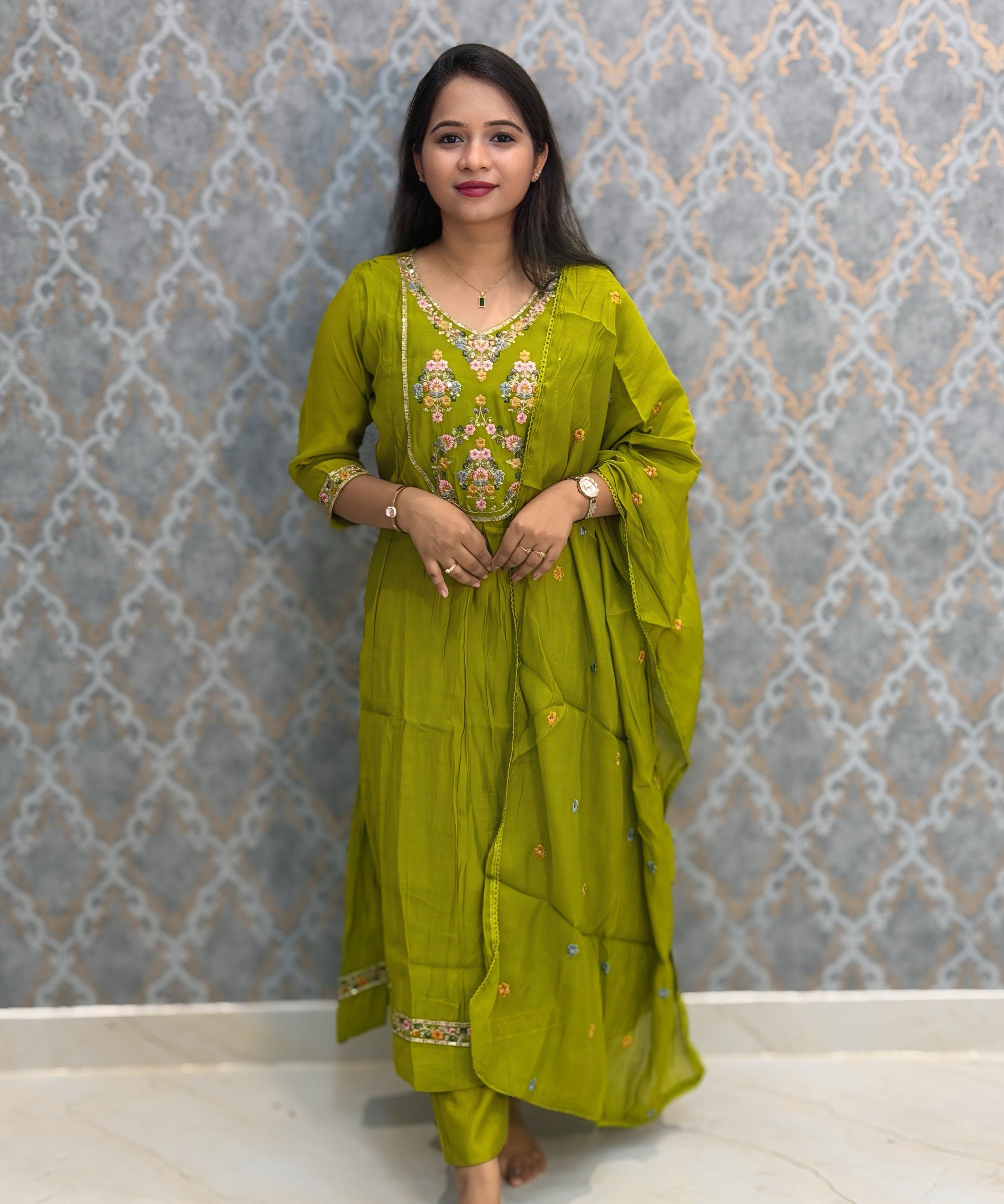 Green Color Premium Mul Chanderi Silk Embroidery 3 Piece Salwar Set with Lining /  ESS399