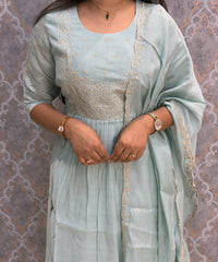 Light Blue Color Premium Mul Chanderi Silk Embroidery 3 Piece Salwar Set with Lining /  ESS399