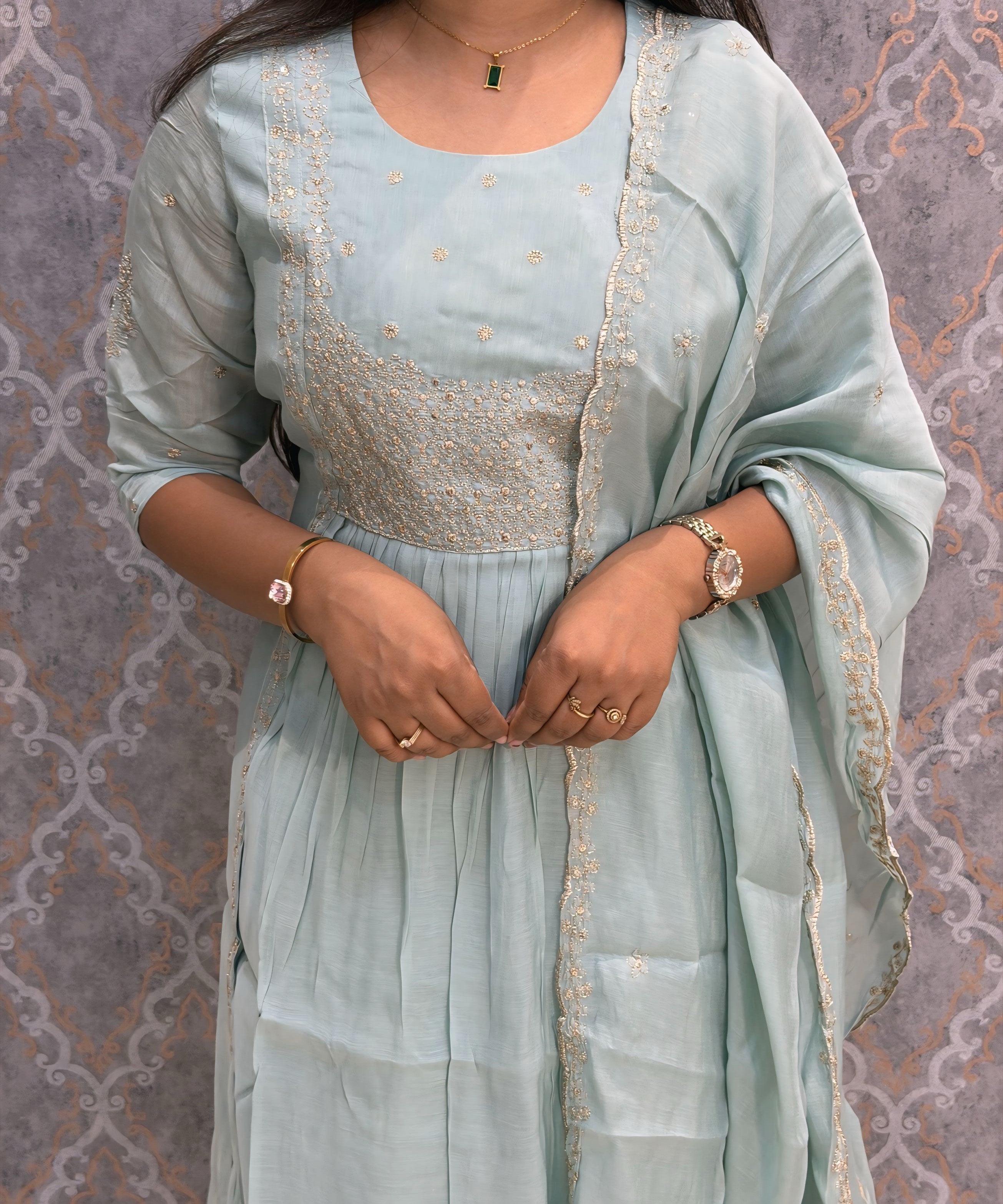 Light Blue Color Premium Mul Chanderi Silk Embroidery 3 Piece Salwar Set with Lining /  ESS399
