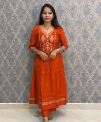 Rust Orange Color Premium Mul Chanderi Silk Embroidery 3 Piece Salwar Set with Lining /  ESS399
