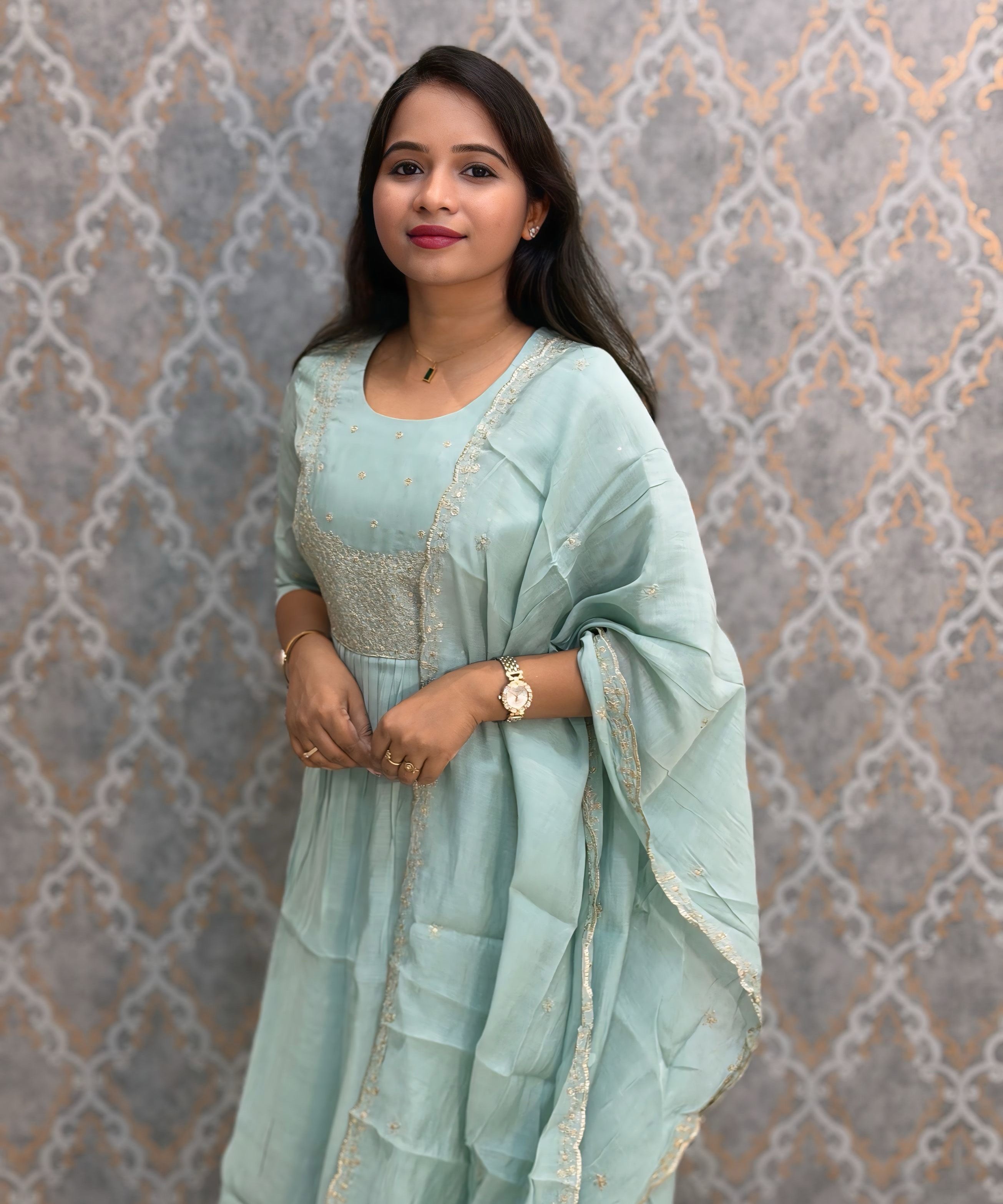 Light Blue Color Premium Mul Chanderi Silk Embroidery 3 Piece Salwar Set with Lining /  ESS399