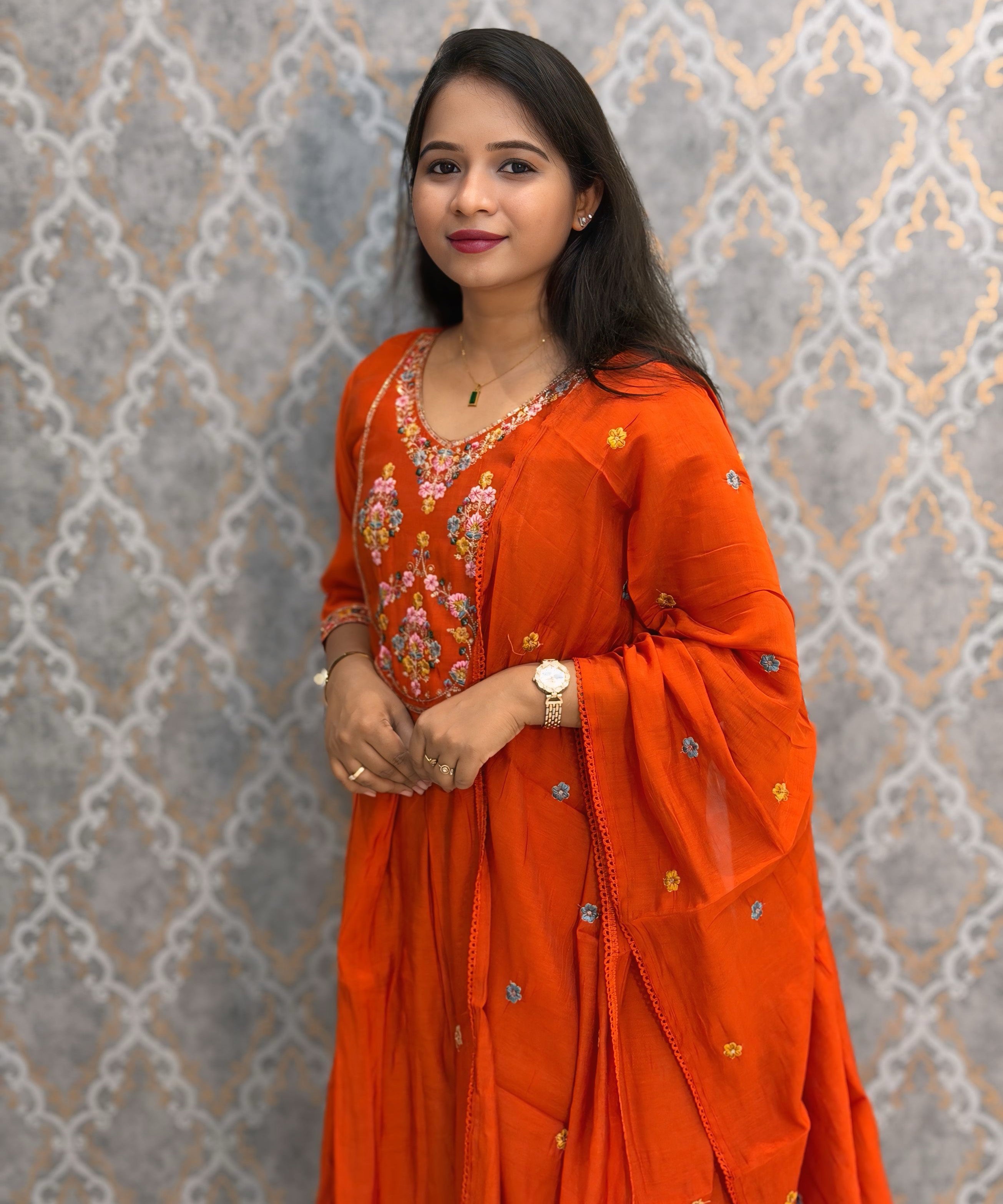 Rust Orange Color Premium Mul Chanderi Silk Embroidery 3 Piece Salwar Set with Lining /  ESS399