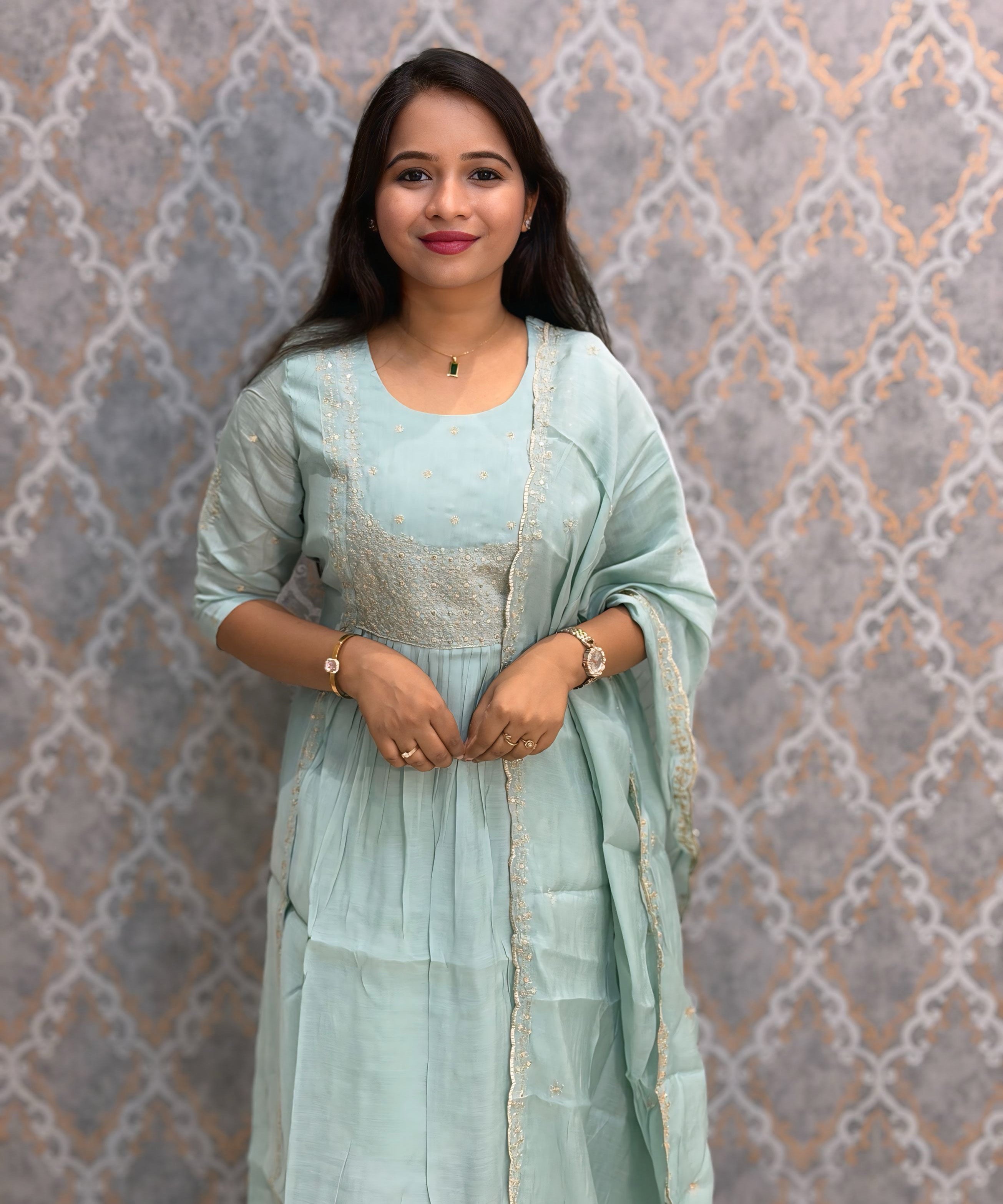 Light Blue Color Premium Mul Chanderi Silk Embroidery 3 Piece Salwar Set with Lining /  ESS399