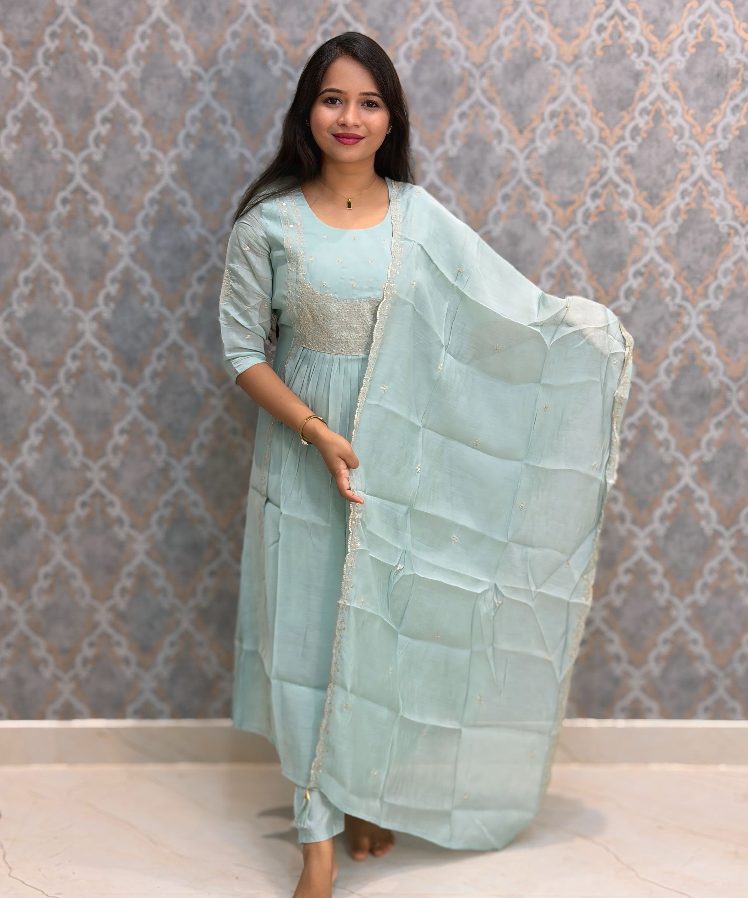 Light Blue Color Premium Mul Chanderi Silk Embroidery 3 Piece Salwar Set with Lining /  ESS399