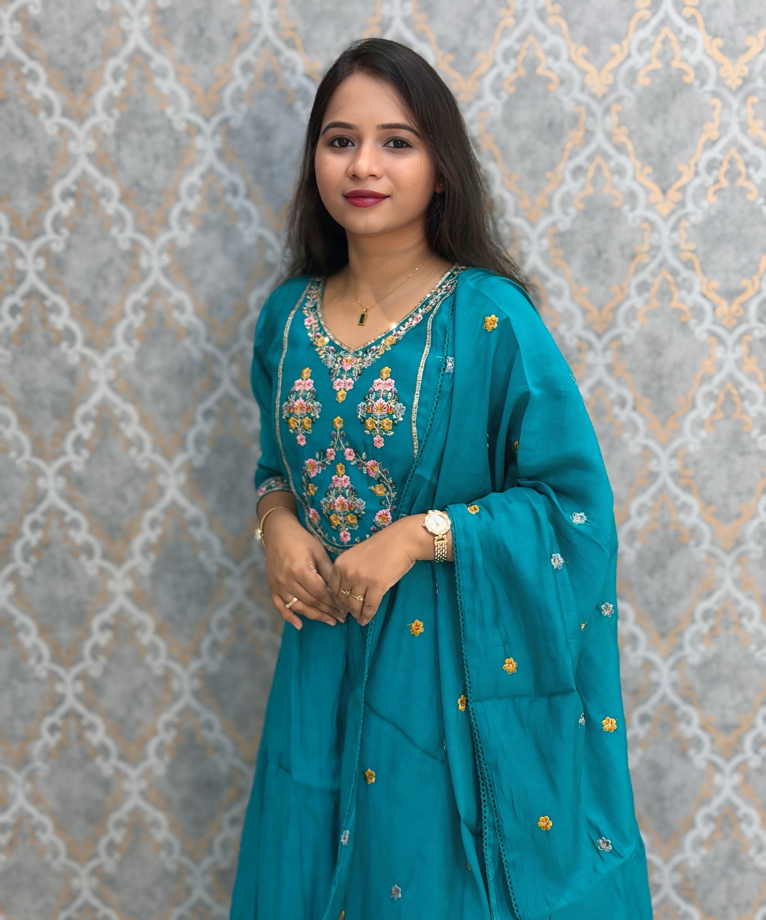 Rama Green Color Premium Mul Chanderi Silk Embroidery 3 Piece Salwar Set with Lining /  ESS399