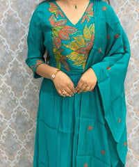 Dark Rama Green Color Premium Mul Chanderi Silk Embroidery 3 Piece Salwar Set with Lining /  ESS399