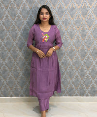 Purple Color Premium Mul Chanderi Silk Embroidery 3 Piece Salwar Set with Lining /  ESS399