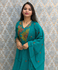 Dark Rama Green Color Premium Mul Chanderi Silk Embroidery 3 Piece Salwar Set with Lining /  ESS399
