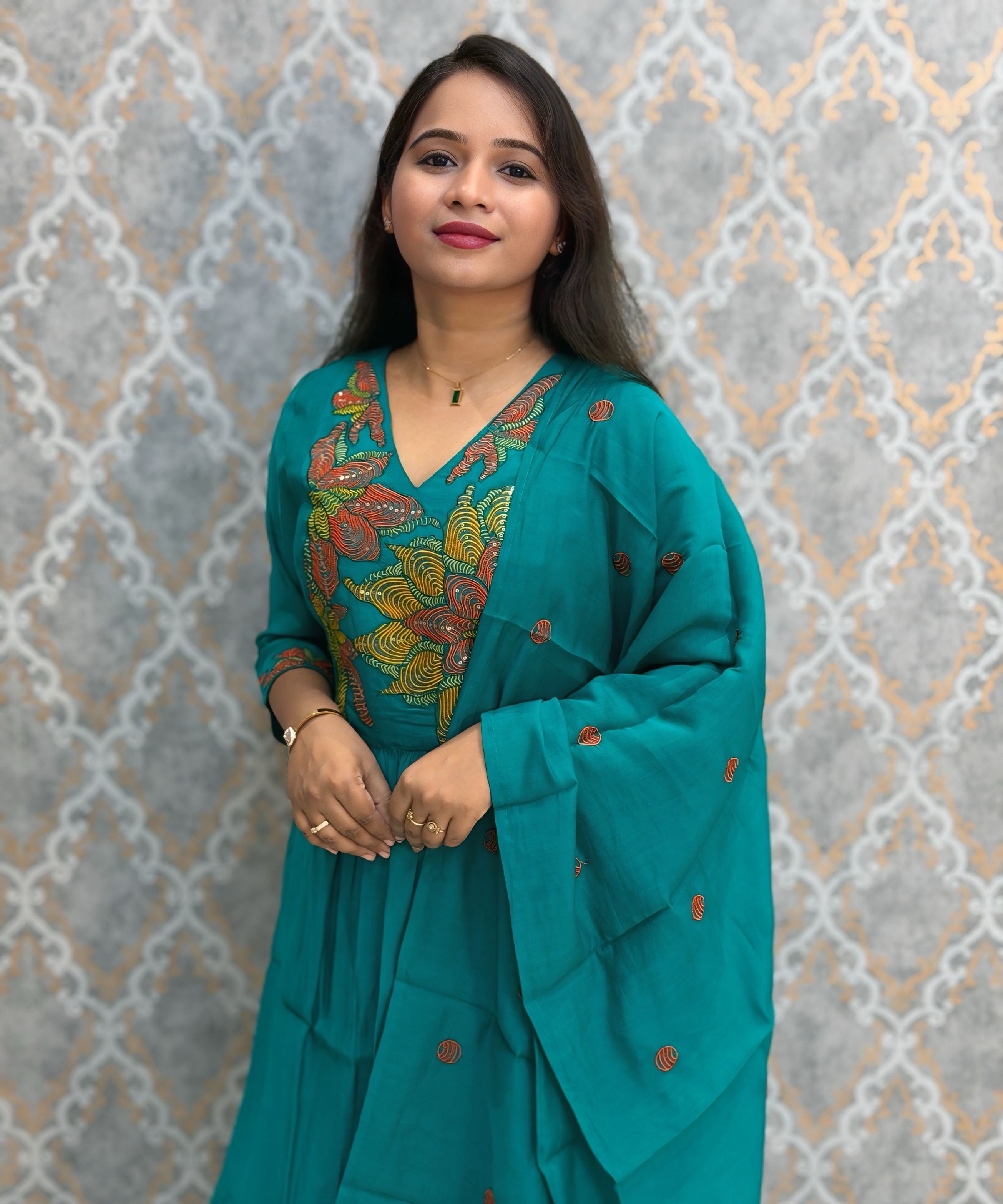 Dark Rama Green Color Premium Mul Chanderi Silk Embroidery 3 Piece Salwar Set with Lining /  ESS399