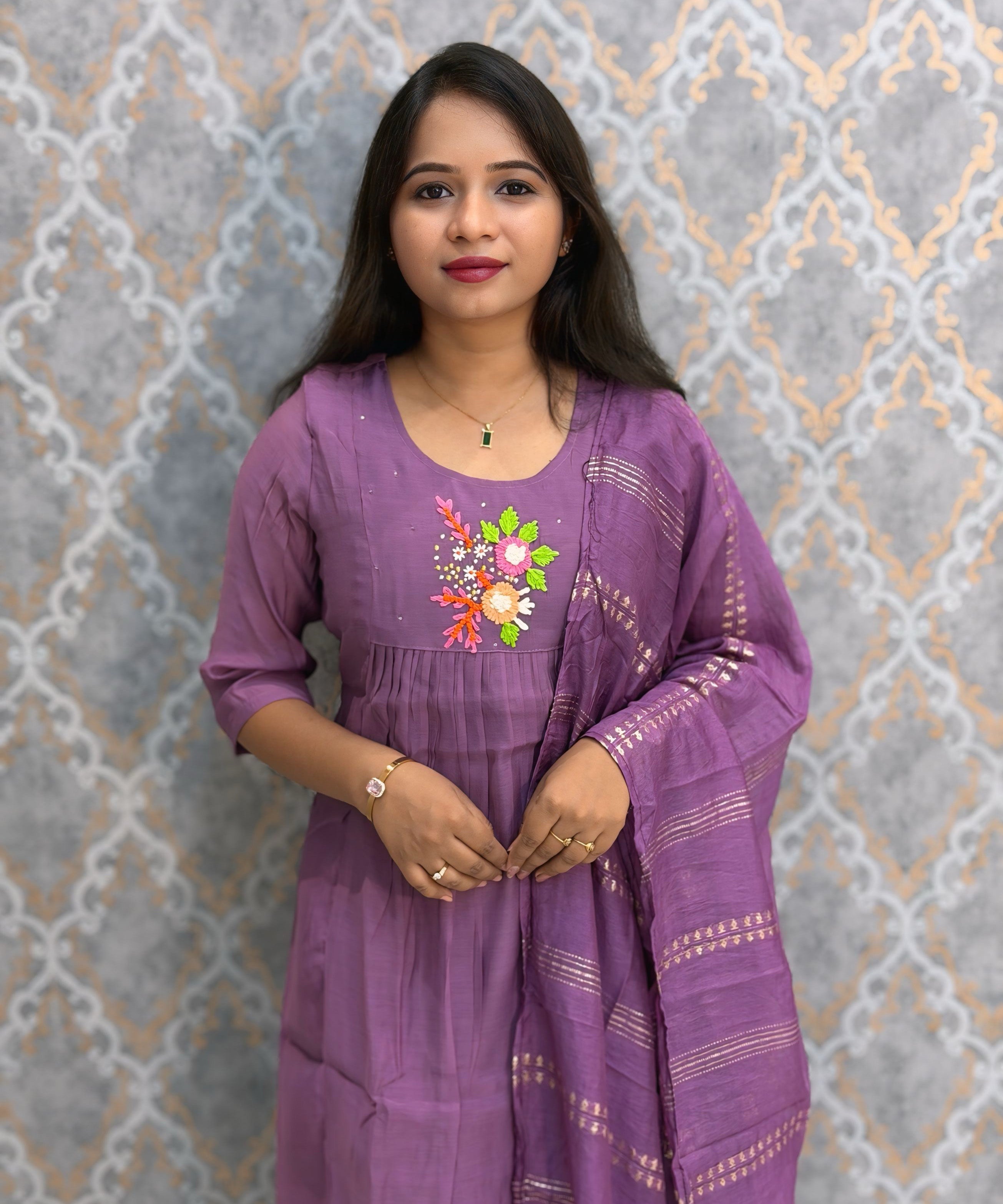 Purple Color Premium Mul Chanderi Silk Embroidery 3 Piece Salwar Set with Lining /  ESS399