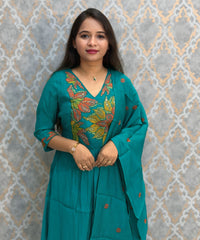Dark Rama Green Color Premium Mul Chanderi Silk Embroidery 3 Piece Salwar Set with Lining /  ESS399