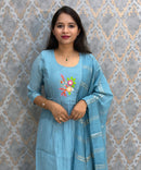 Blue Color Premium Mul Chanderi Silk Embroidery 3 Piece Salwar Set with Lining /  ESS399