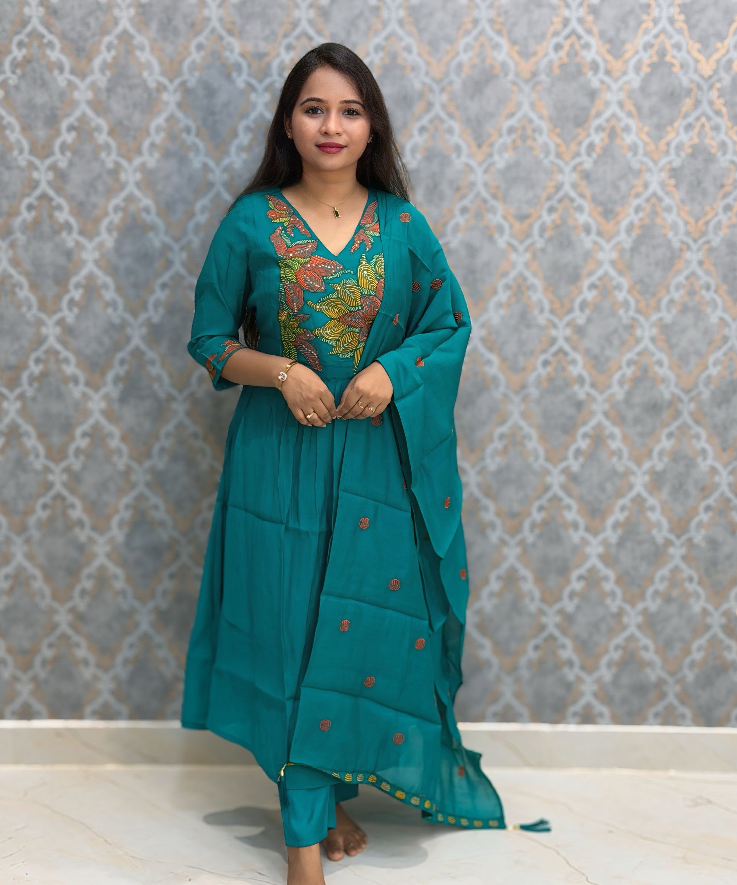 Dark Rama Green Color Premium Mul Chanderi Silk Embroidery 3 Piece Salwar Set with Lining /  ESS399