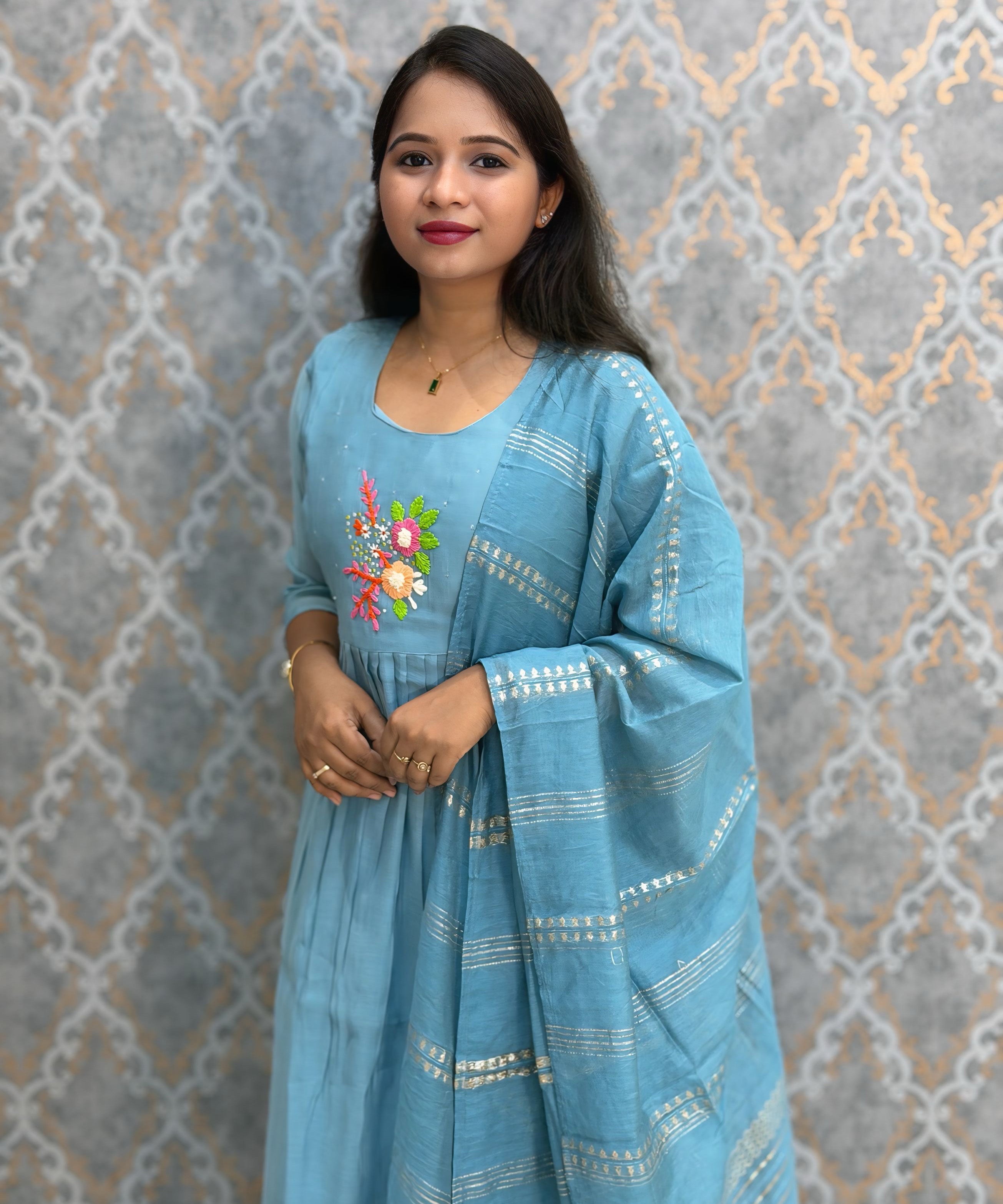 Blue Color Premium Mul Chanderi Silk Embroidery 3 Piece Salwar Set with Lining /  ESS399