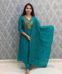 Dark Rama Green Color Premium Mul Chanderi Silk Embroidery 3 Piece Salwar Set with Lining /  ESS399