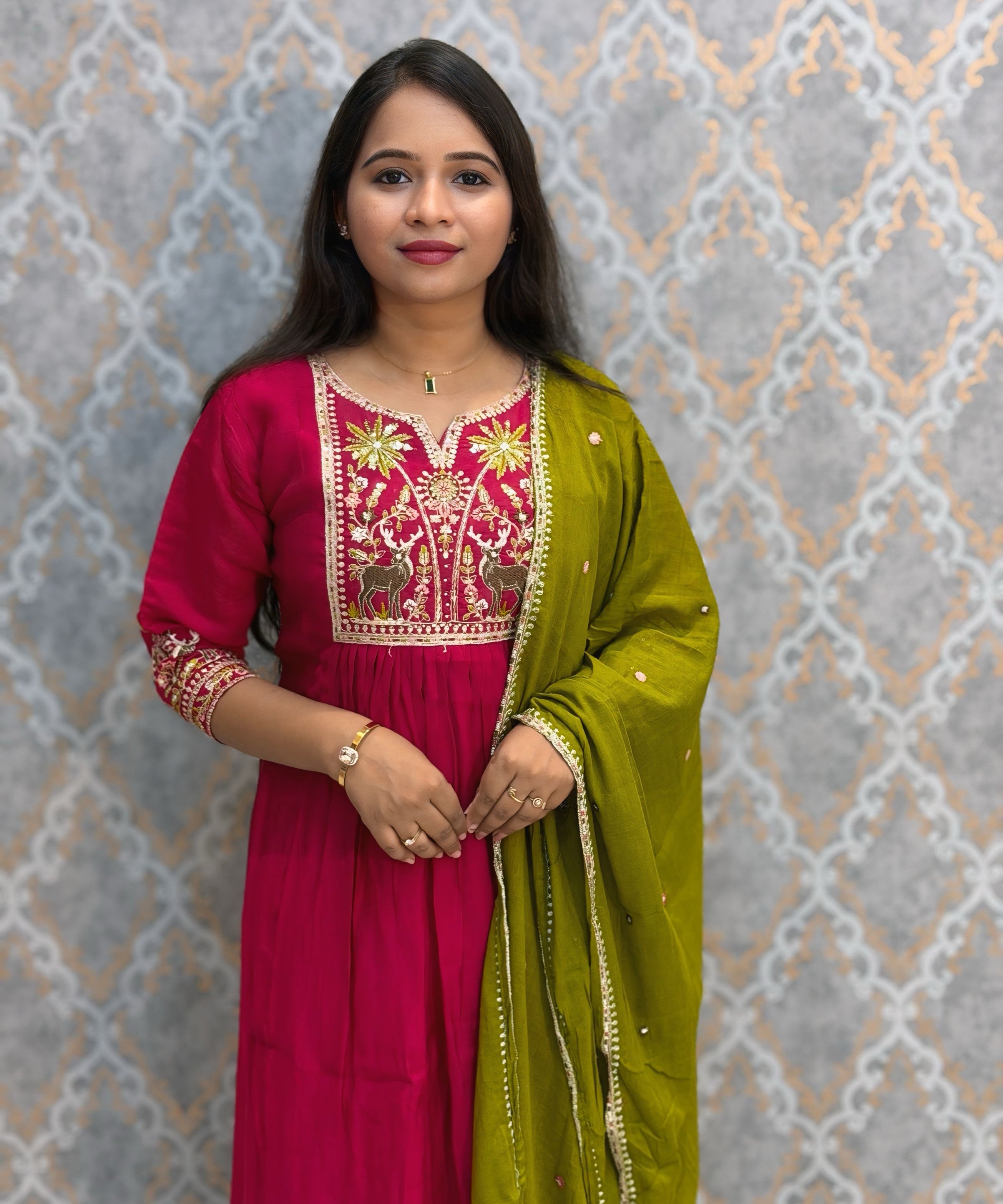Dark Pink and Green Color Premium Mul Chanderi Silk Embroidery 3 Piece Salwar Set with Lining /  ESS399