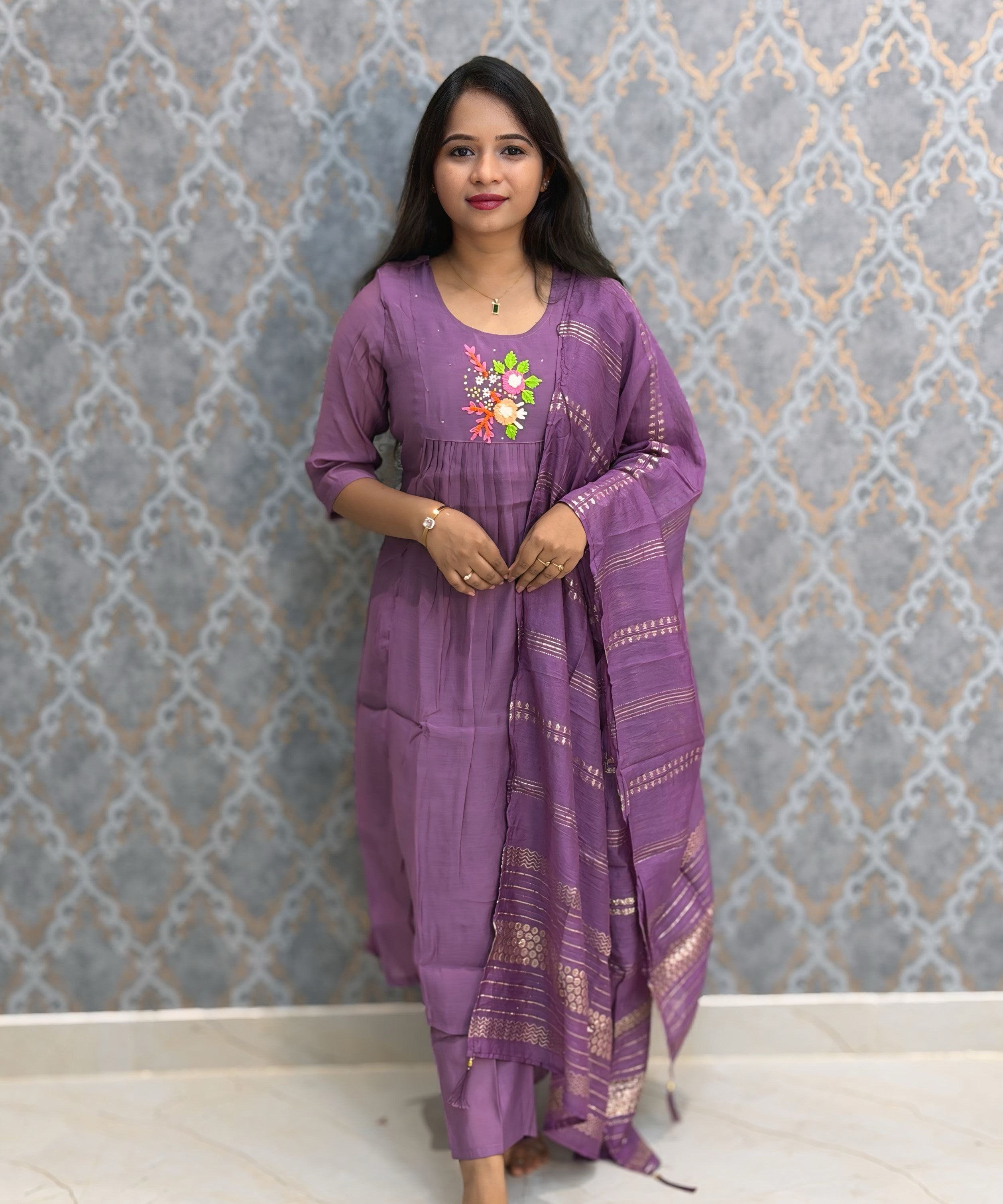 Purple Color Premium Mul Chanderi Silk Embroidery 3 Piece Salwar Set with Lining /  ESS399