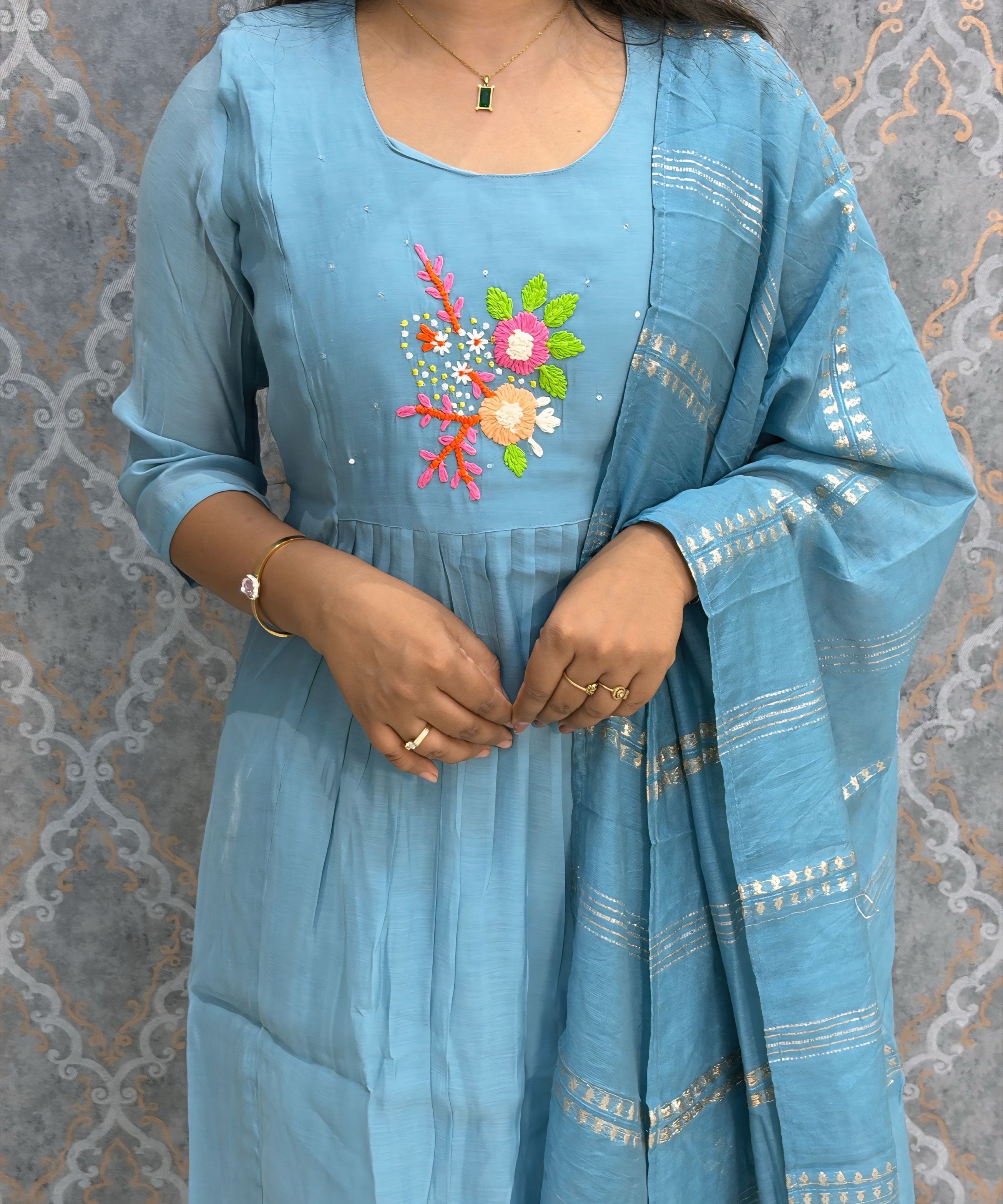 Blue Color Premium Mul Chanderi Silk Embroidery 3 Piece Salwar Set with Lining /  ESS399